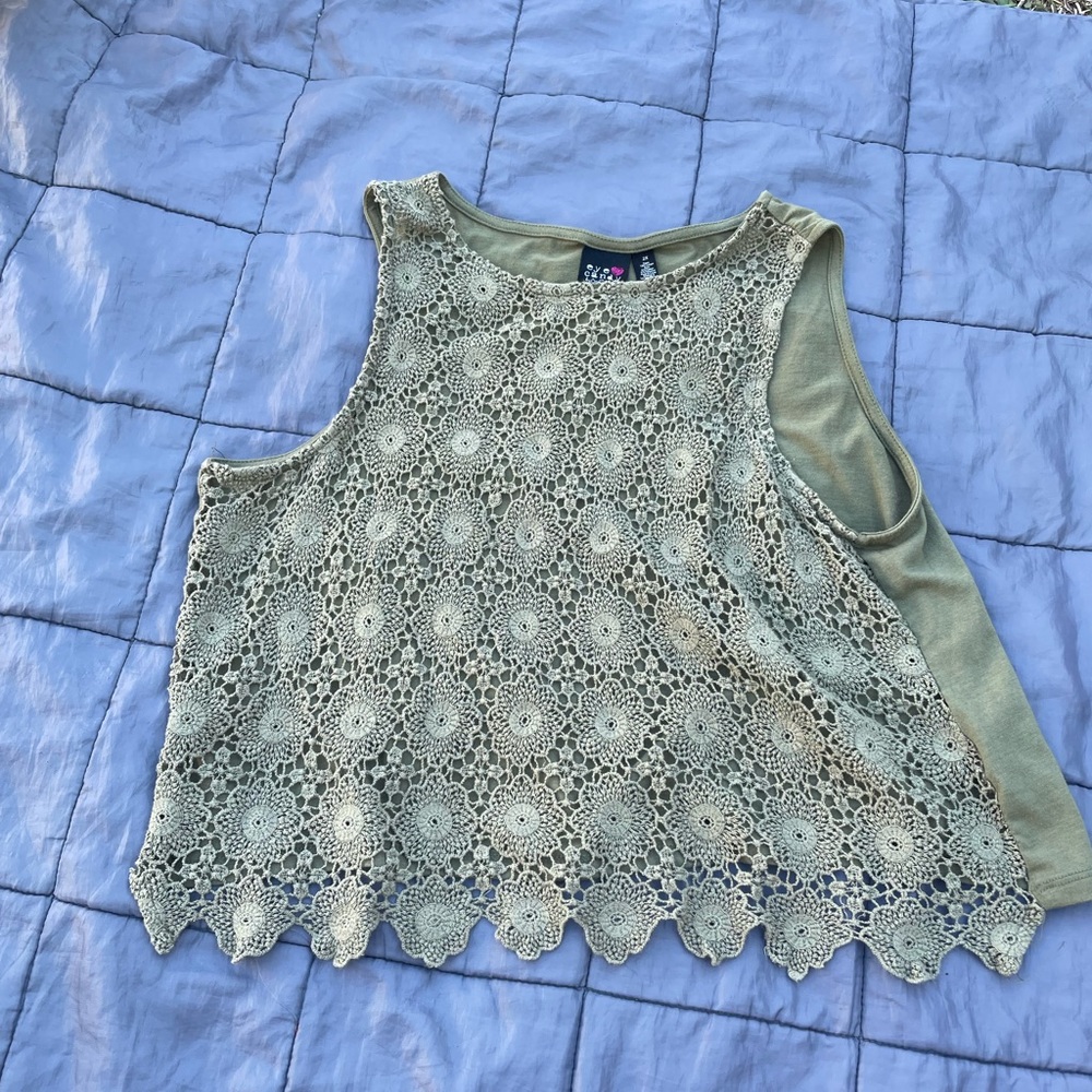 Army green crocheted crop tank with sheer front
